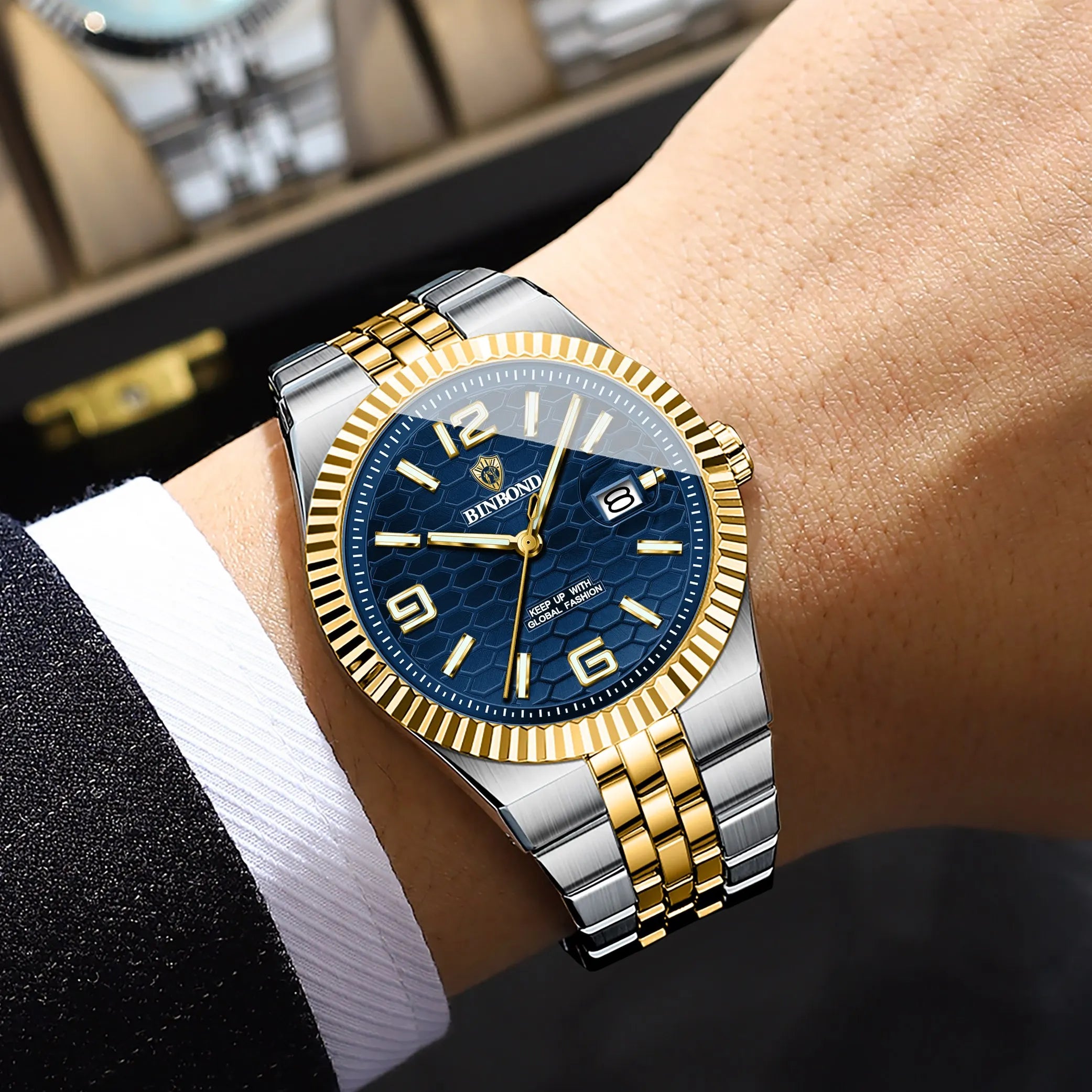 BINBOND Men's Quartz Watch Classic Style Waterproof Luminous Date Display Stainless Steel Wristwatch For Male