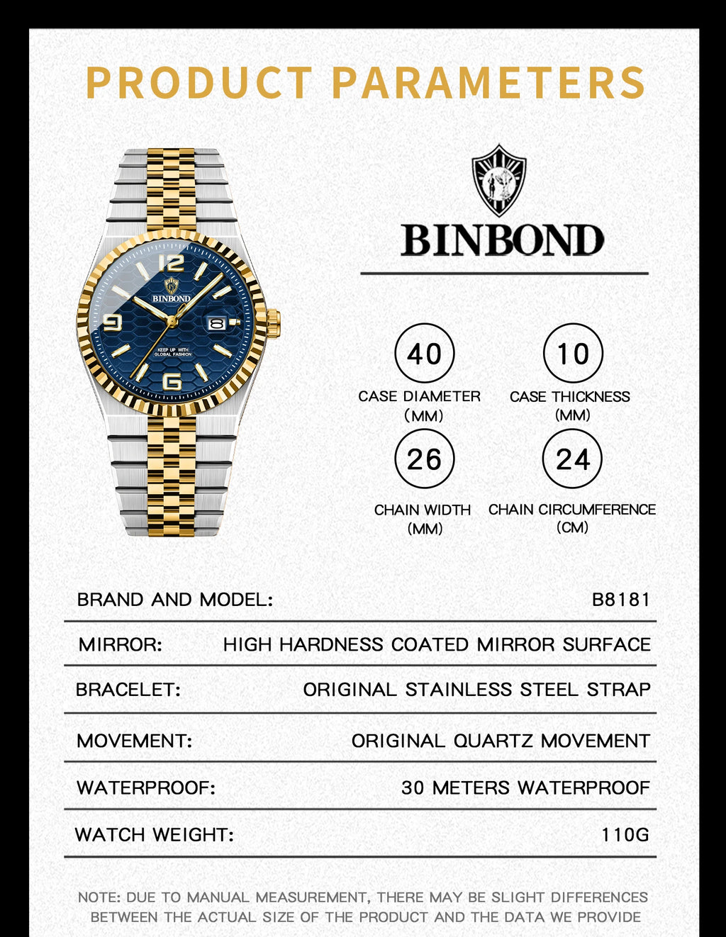 BINBOND Men's Quartz Watch Classic Style Waterproof Luminous Date Display Stainless Steel Wristwatch For Male