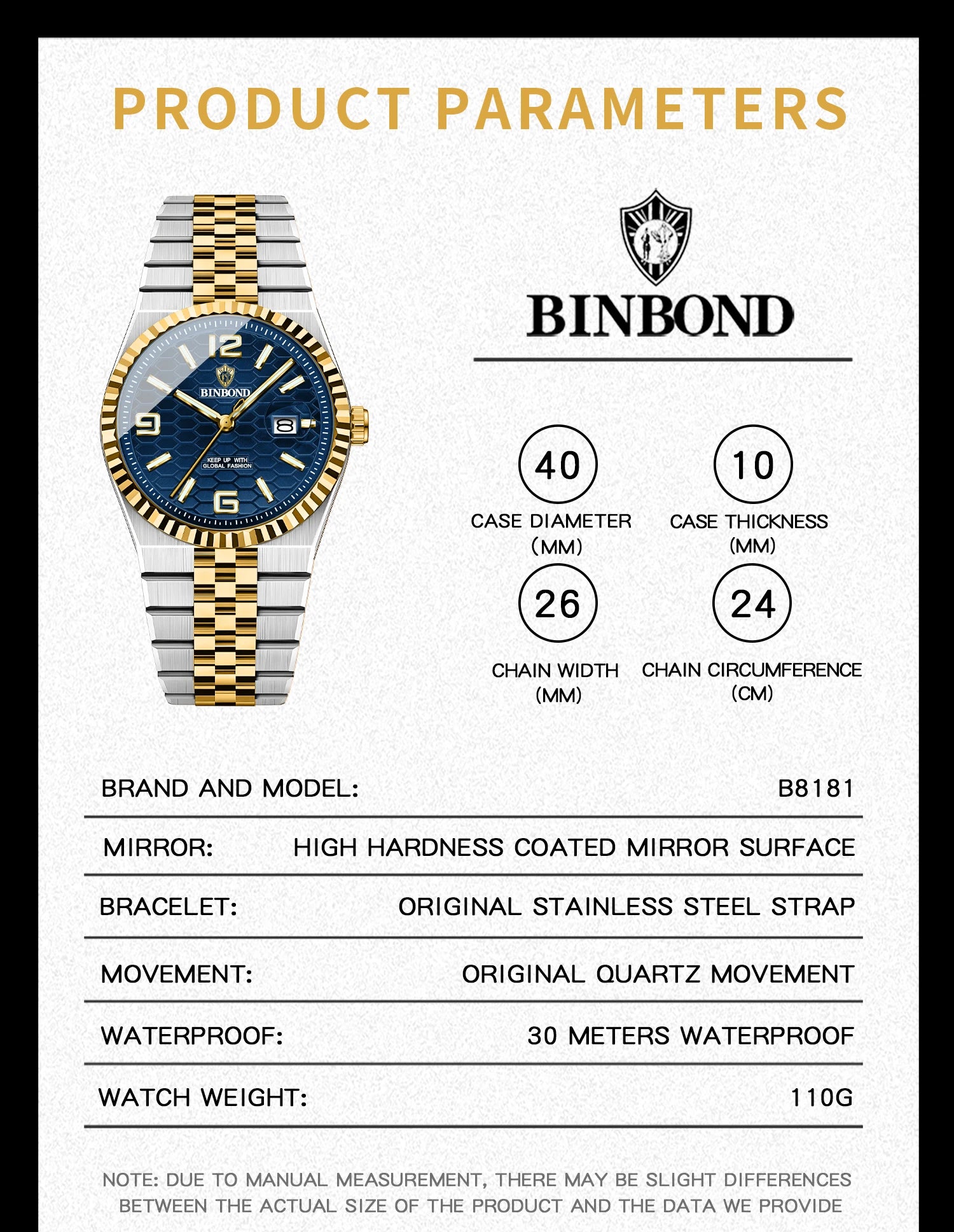 BINBOND Men's Quartz Watch Classic Style Waterproof Luminous Date Display Stainless Steel Wristwatch For Male