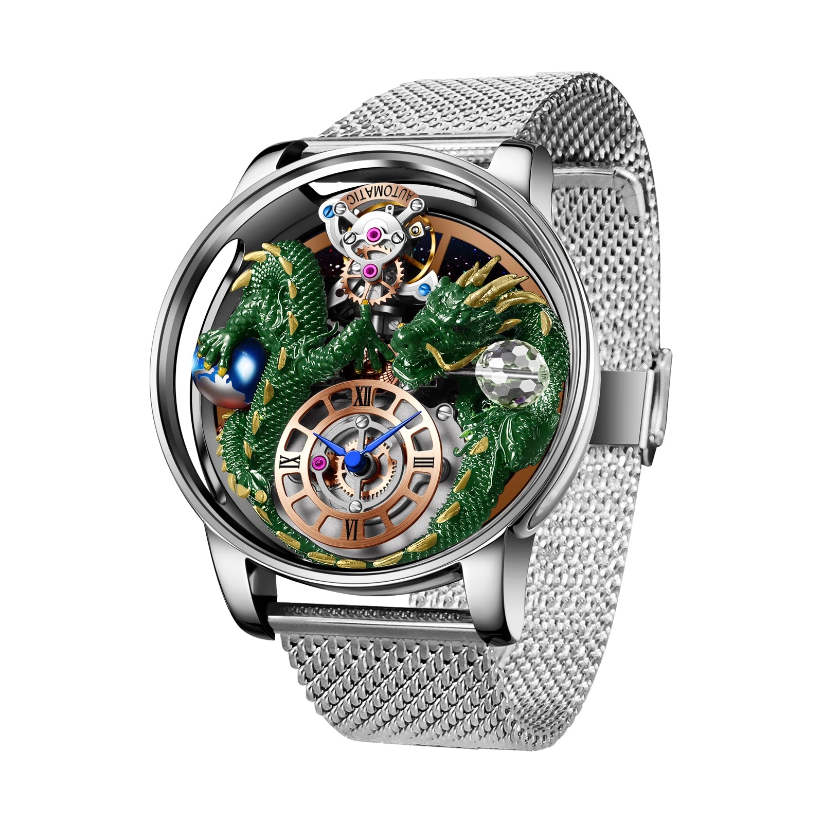 2024 PINDU New Men's Watch Traditional Handmade Dragon Quartz Watch Curved Mirror Fully Transparent Design Watch+Box