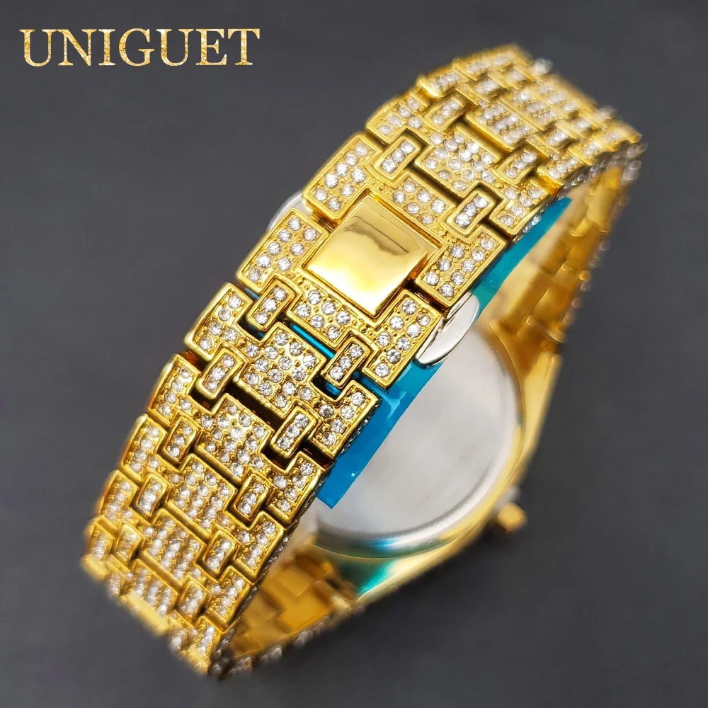 Gold Watch For Men Full Diamond Hip Hop Iced Out Men's Watches Blue Number Calendar Waterproof Octagonal Luxury Wristwatches