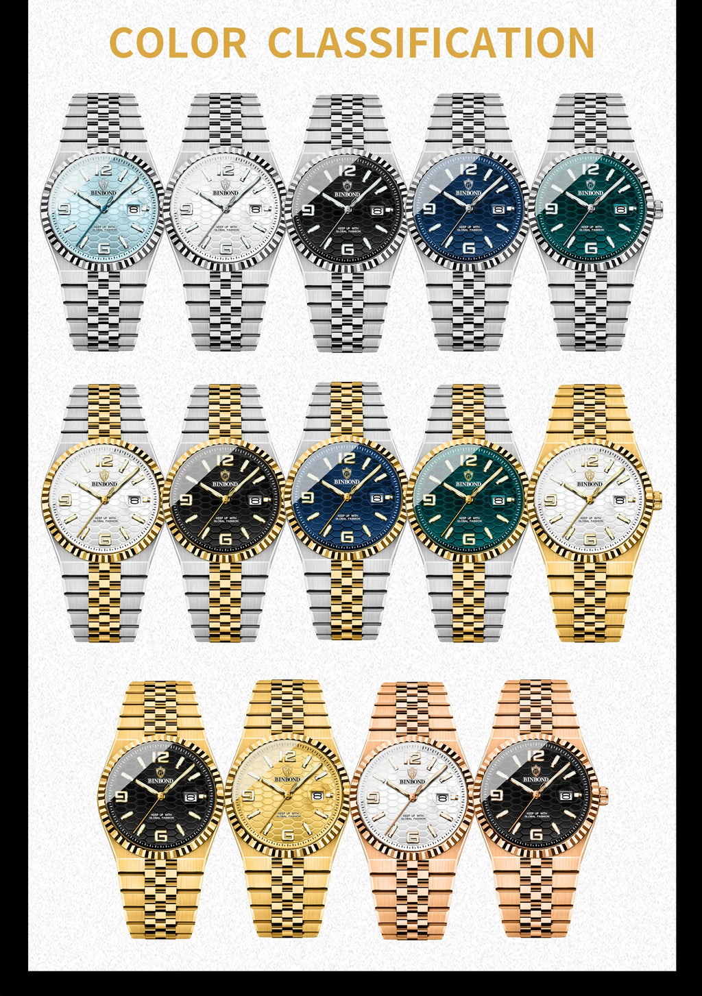 BINBOND Men's Quartz Watch Classic Style Waterproof Luminous Date Display Stainless Steel Wristwatch For Male