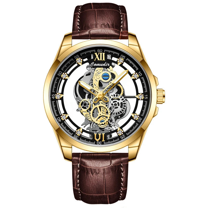 New Men's Watch with Golden Brown Belt, Fashionable and Handsome Style, Gear Hollow Luminous Quartz Watch